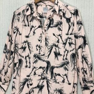 Chico's Women's Pink Horse Print Long Sleeve‎ Button Down Blouse Chicos Size 0